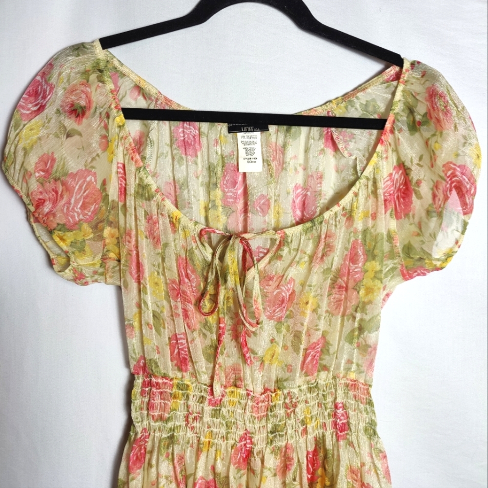 Vintage Y2K Unit USA Shimmer Sheer Smocked Floral Mini Dress, Size Small